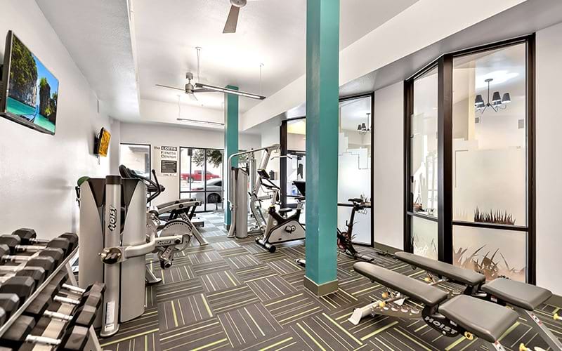 Large fitness center with plenty of equipment and large windows 